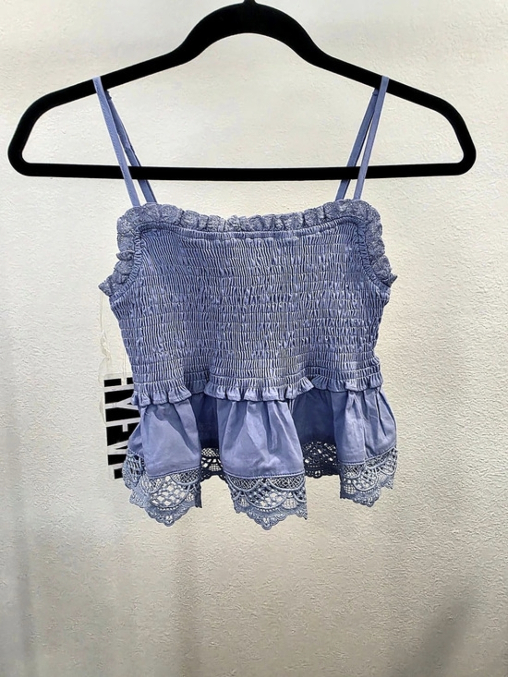 HYFVE Smocked Lace Trim Ruffle Cami Blue NWT